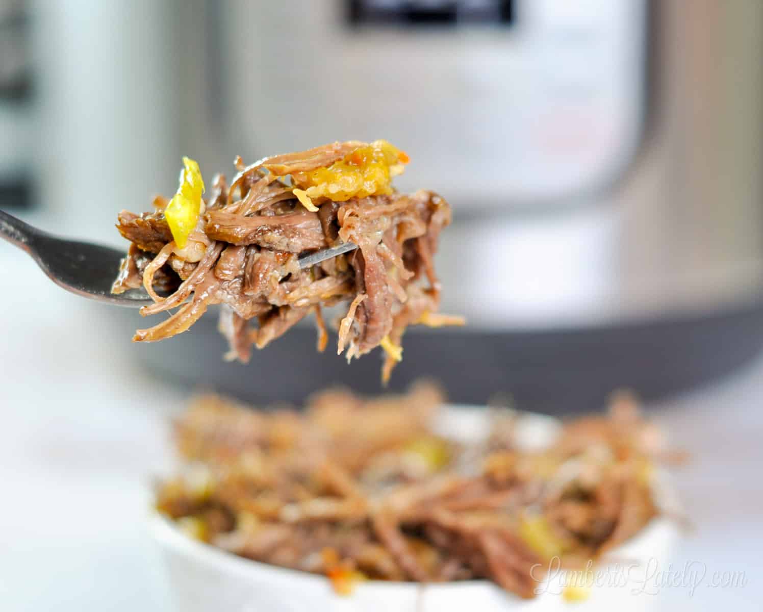 italian beef on a fork, in front of a bowl and an instant pot.