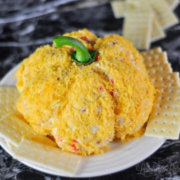 pumpkin cheese ball on a plate surrounded by crackers.