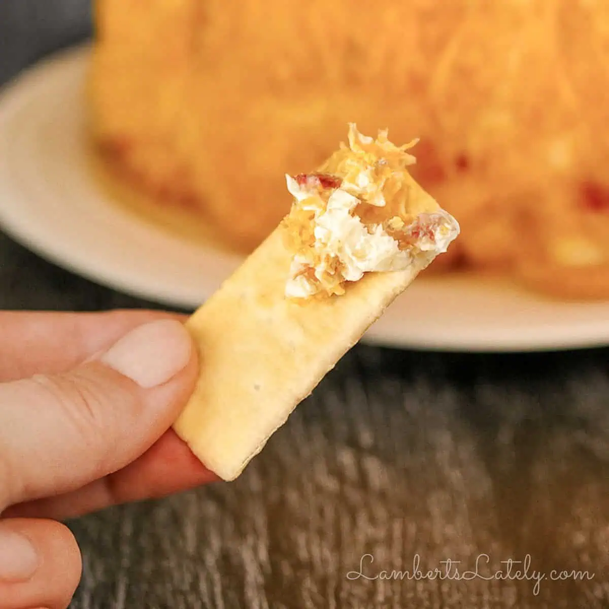 holding a bite of cheese ball mixture on a cracker.