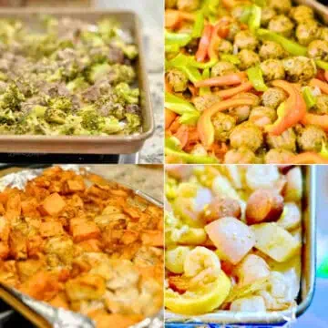 4 sheet pan freezer meals (beef and broccoli, meatballs and peppers, chicken and sweet potatoes, shrimp boil ).