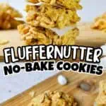 Close-up of fluffy, golden no-bake cookies stacked on a wooden surface.