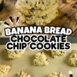 Close-up of banana bread chocolate chip cookies with chocolate chips on a wooden surface.