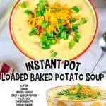 Creamy loaded potato soup topped with shredded cheese and green onions in a bowl.