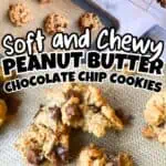 Soft and chewy peanut butter chocolate chip cookies on a baking sheet.
