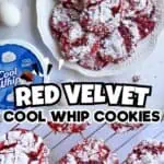 Red velvet cookies dusted with powdered sugar on a white plate and cooling rack.