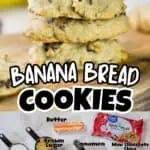 Stack of banana bread chocolate chip cookies with ingredients like bananas, chocolate chips, and van.