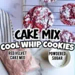 Red velvet Cool Whip cookies on cooling rack with ingredients nearby.