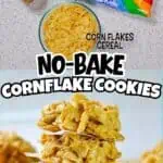 Ingredients for no-bake cornflake cookies including peanut butter, marshmallows, and cereal.