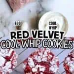 Red velvet Cool Whip cookies with cake mix, powdered sugar, and eggs on marble surface.