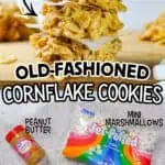 Old-fashioned cornflake cookies with peanut butter and marshmallows on a wooden surface.