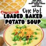 Delicious loaded baked potato soup with cheese, bacon, green onions in a bowl.