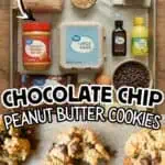Ingredients for chocolate chip peanut butter cookies including flour, baking soda, salt, eggs, and,.
