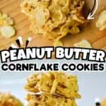 Peanut butter cornflake cookies with no-bake dessert label and decorative snowflakes.