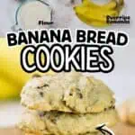 Banana bread cookies with chocolate chips, bananas, and baking ingredients on a white background.