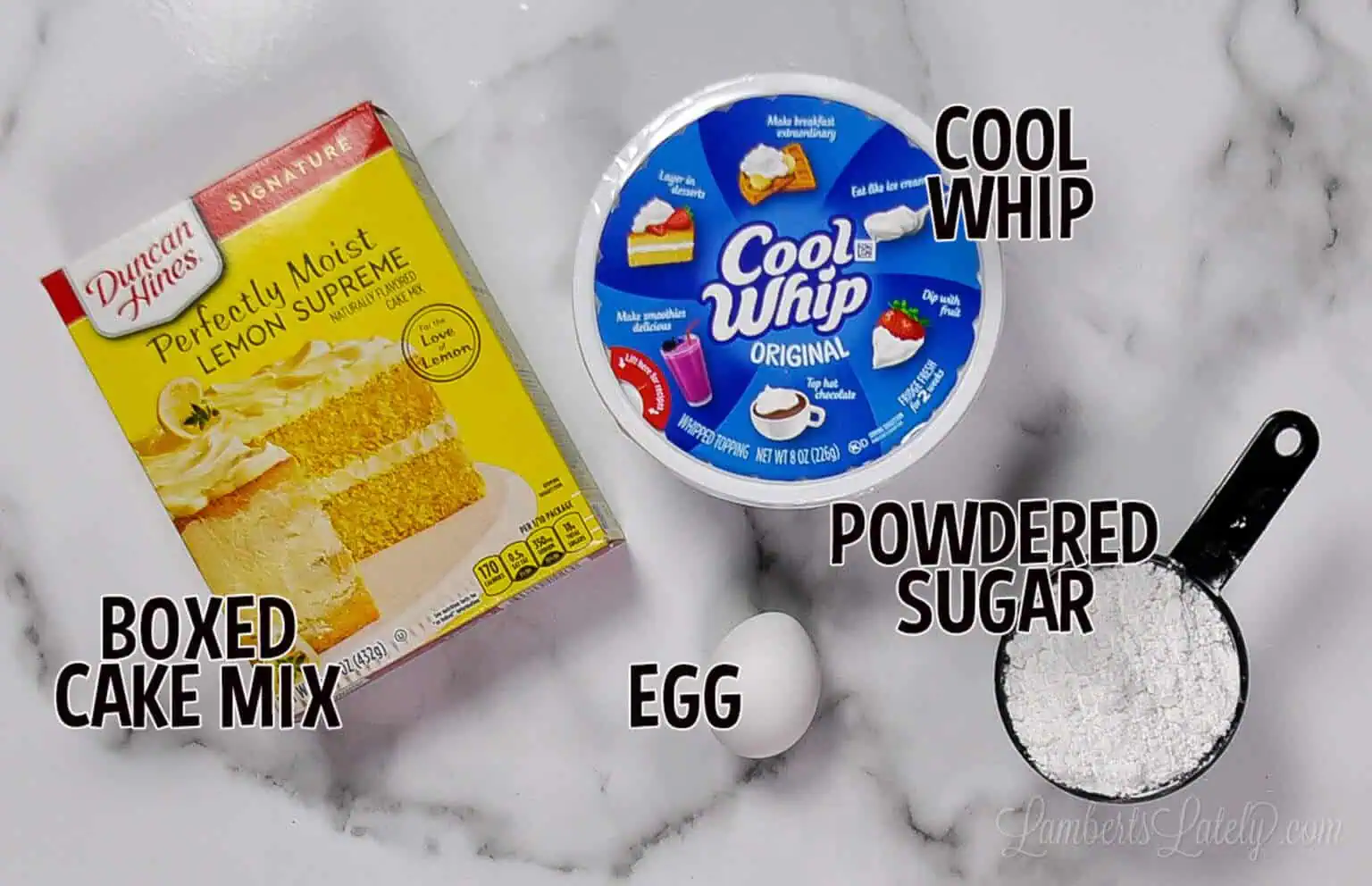 Cake mix, Cool Whip, egg, and powdered sugar for Cool Whip cookies.