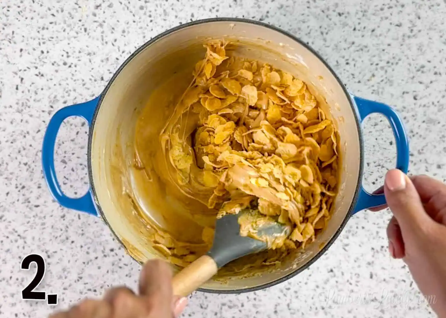 corn flakes added to the peanut butter and marshmallows melted together.