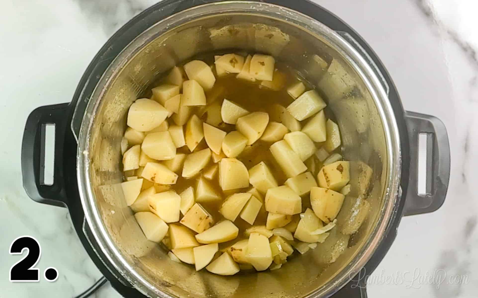 potatoes and chicken broth added to the instant pot.