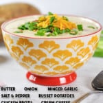 instant pot loaded baked potato soup, with ingredient list.