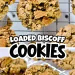 Loaded biscoff cookies on a cooling rack with a close-up view.