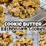 Loaded cookie butter cookies cooling on a wire rack with a crispy, golden texture.