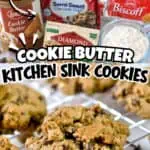 Loaded cookie butter cookies with walnuts and chocolate chips on a cooling rack.