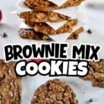 Stack of homemade brownie mix cookies with a crispy texture and chocolate chunks.