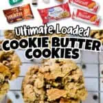 Loaded cookie butter cookies with ingredients and baking supplies on a white surface.