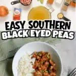Easy Southern Black Eyed Peas with rice and seasonings on a white plate.
