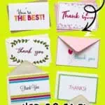 Collection of colorful printable thank you cards for kids and adults.