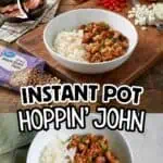 Bowl of Hoppin' John with rice and seasoned beans, loaded with bacon and ham.