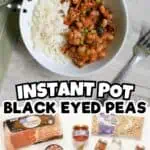 Instant Pot Hoppin' John with black-eyed peas and rice, served in a white bowl.