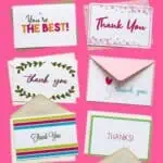 Collection of colorful printable thank you cards with various designs and messages.