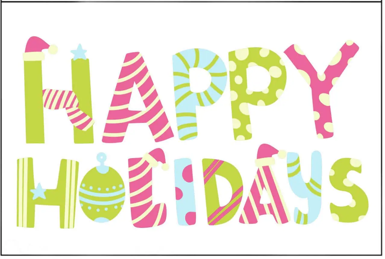 Colorful 'Happy Holidays' greeting with festive design elements for celebration.