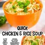 Close-up of a bowl of quick chicken and rice soup with fresh herbs and vegetables.