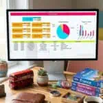 Travel itinerary template displayed on a computer monitor with travel-themed decor.