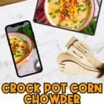Close-up of a bowl of creamy crock pot corn chowder topped with bacon and cheese.
