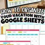 Screenshot of a Google Sheets travel itinerary template with colorful tabs and charts.