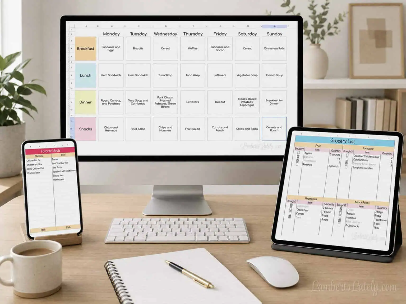 google sheets meal plan templates on 3 different devices (phone, tablet, computer).