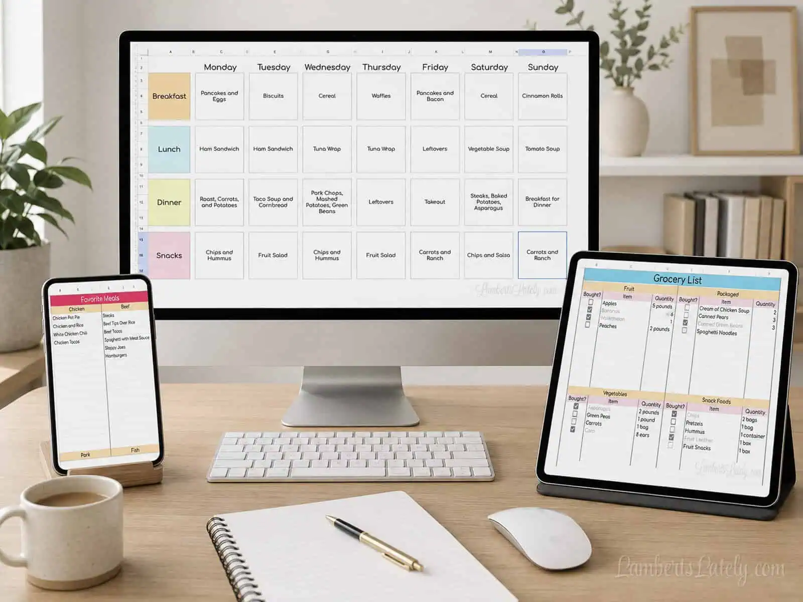 google sheets meal plan templates on 3 different devices (phone, tablet, computer).