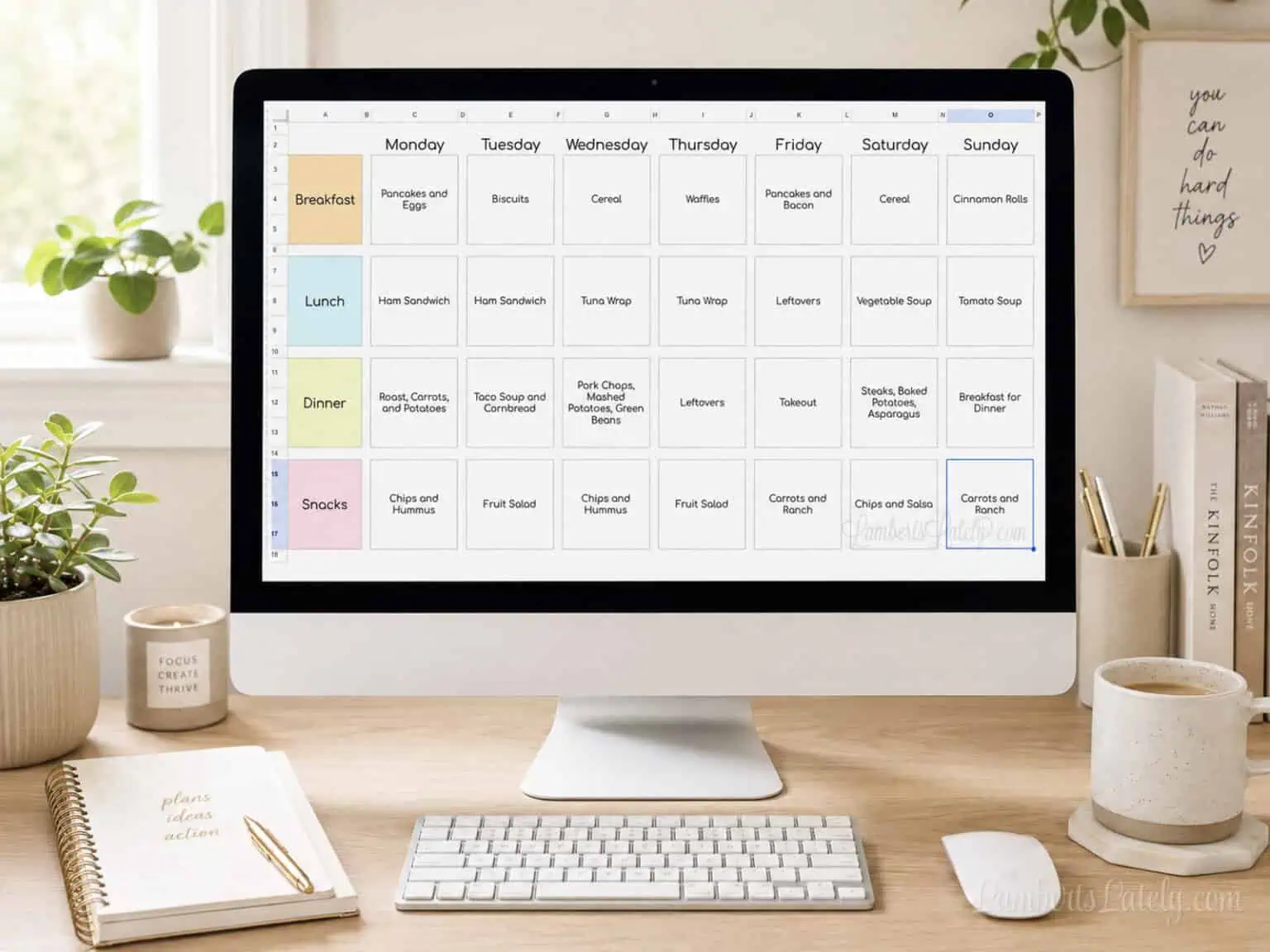 Weekly meal plan template open in Google Sheets on a computer screen.