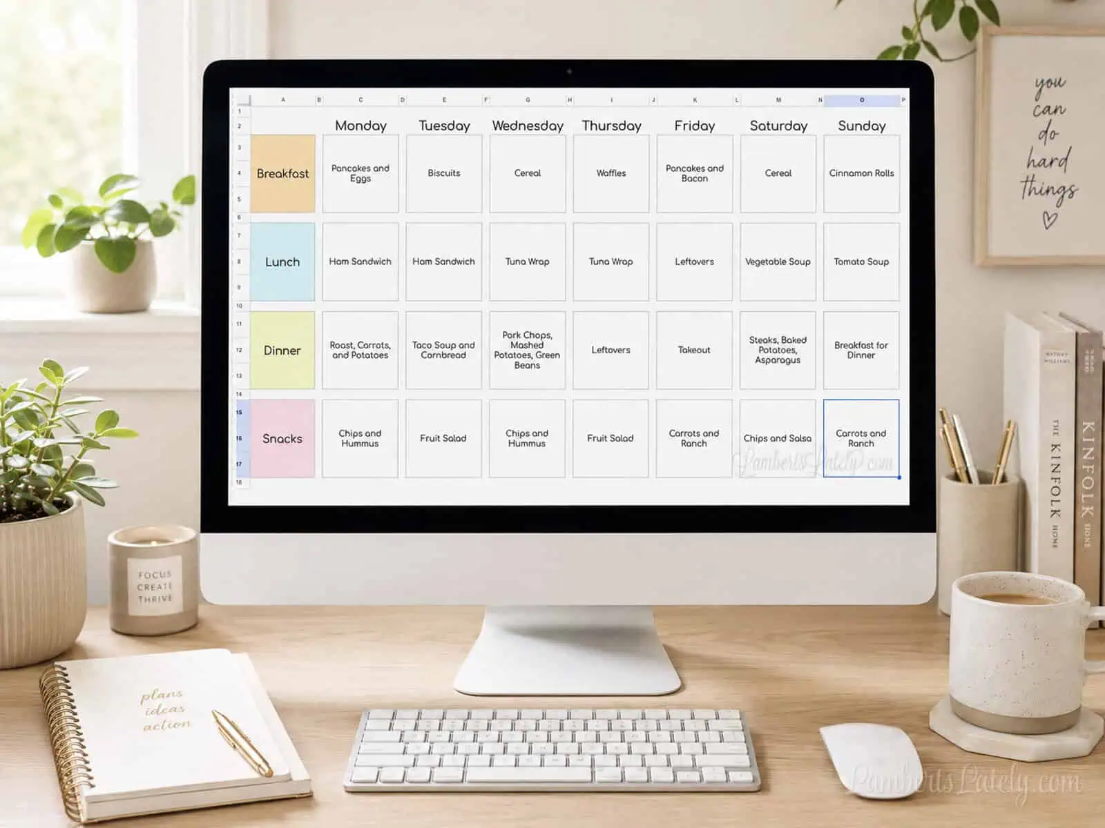 Weekly meal plan template open in Google Sheets on a computer screen.