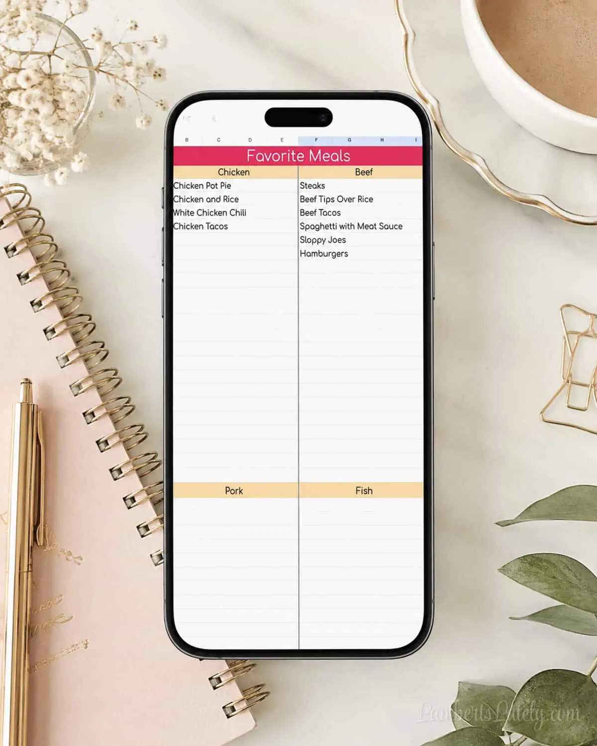 Mobile meal plan template for google sheets showing favorite meals with chicken, beef, pork, and fish options.