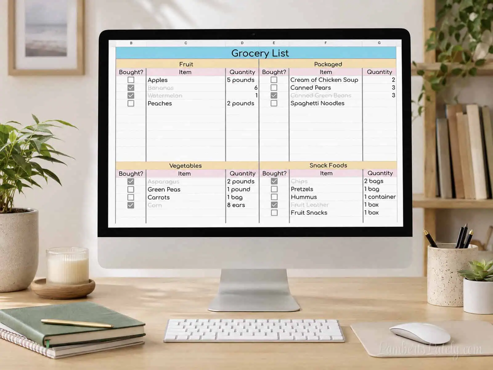 grocery list meal plan spreadsheet for google sheets on a desktop.