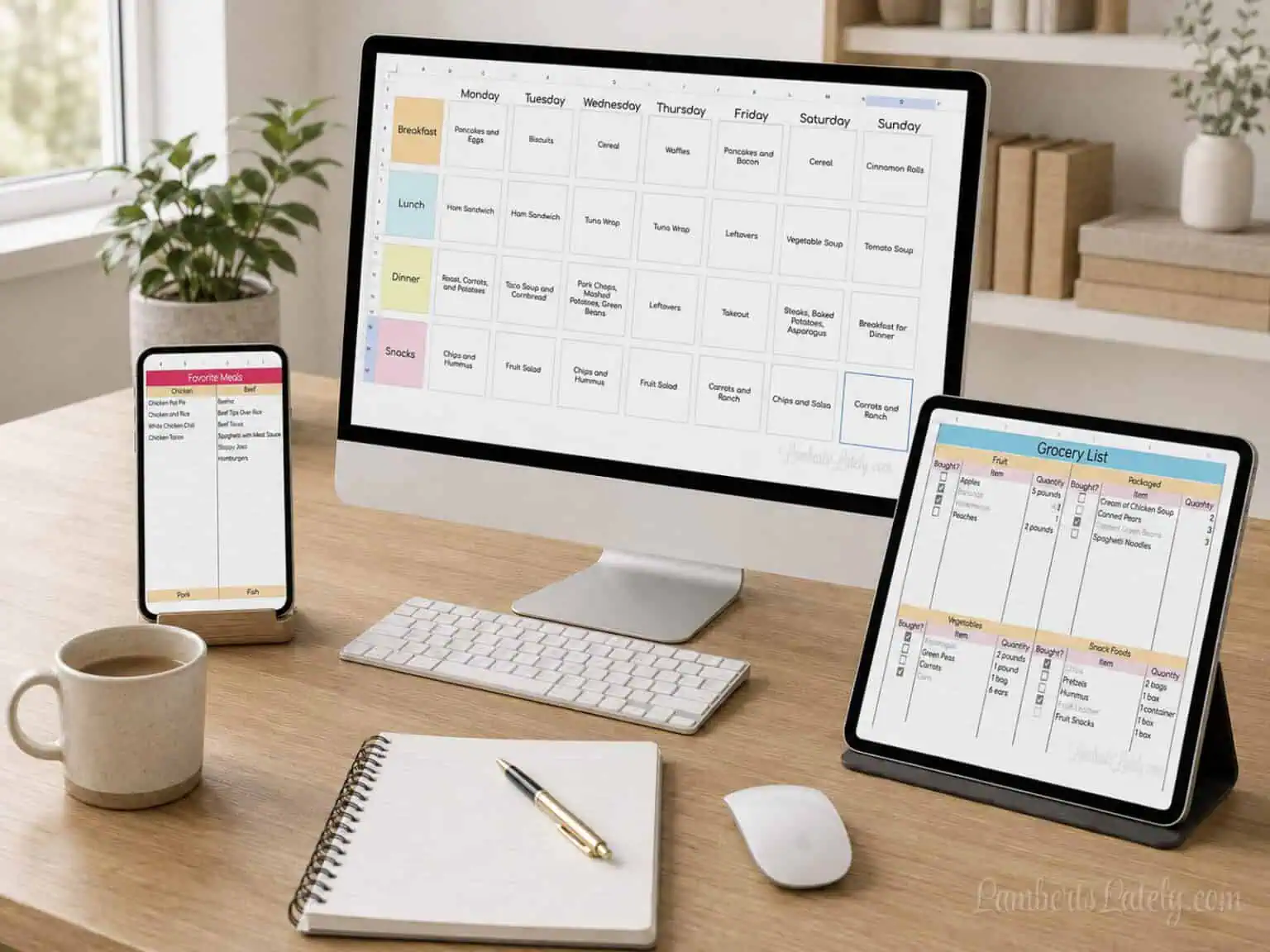 Google Sheets meal planner displayed on a phone, tablet, and computer.