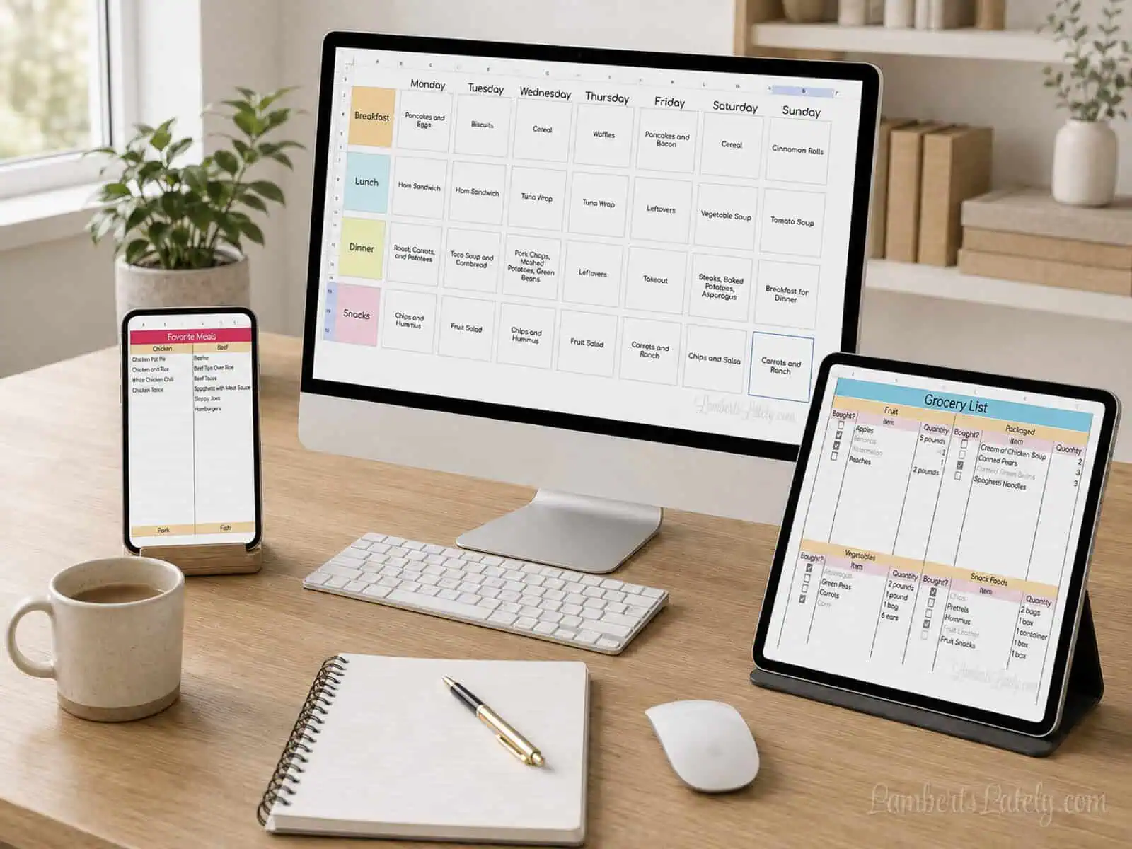 Google Sheets meal planner displayed on a phone, tablet, and computer.