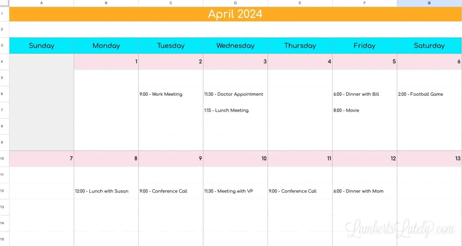 colorful google sheets monthly calendar with april start date, items written under several dates in the calendar.