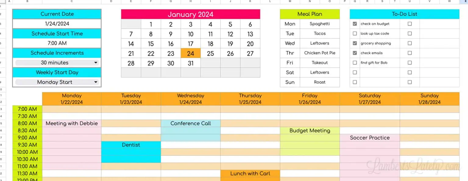 color-coded Google Sheets weekly planner with hourly time blocks and task sections.