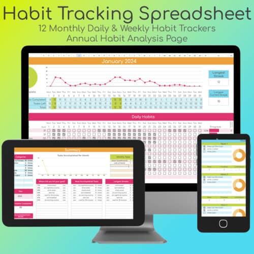 habit tracking spreadsheets on a computer, tablet, and phone.