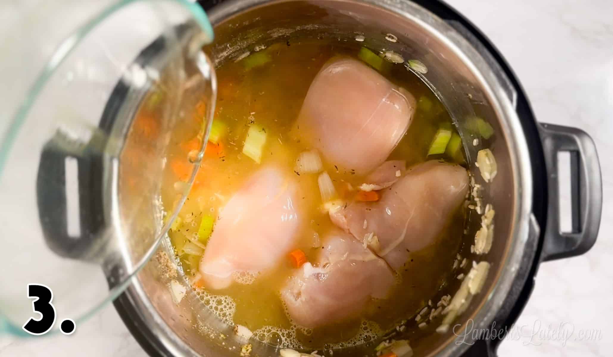 halved chicken breasts and chicken stock added to the instant pot.