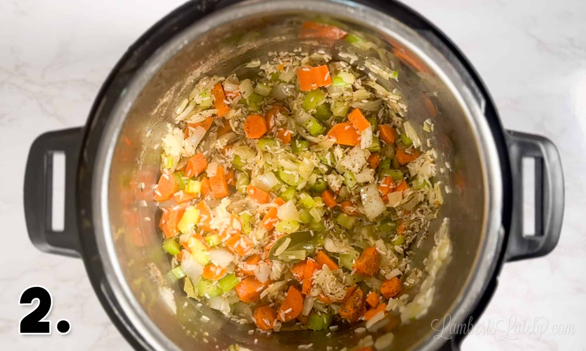 rice, veggies, and seasonings in an instant pot.